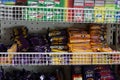 Gum, Mint, Nestle Dairy milk, Bounty, Mars, 5Star chocolates candy bar displayed on a shelf inside a supermarket. Chocolate Sweets