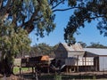 Corrugated iron farm buildings and old farm equipment - Moligal Victoria Australia