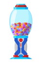 Gumball machine icon. Transparent round glass candy dispenser with colorful bubble gum. Vending machine. Container