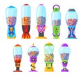 Gumball machine, icons set. Transparent round glass candy dispenser with colorful bubble gum. Vending machine. Container