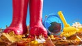 Gumboots on golden leaves with sandbox toys