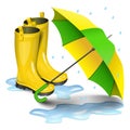 Gumboots and open umbrella. Rain yellow boots in puddles Royalty Free Stock Photo