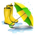 Gumboots and open umbrella. Rain yellow boots in puddles