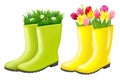 Gumboots Set With Grass And Flowers