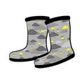 Pair of rubber boot in clouds umbrellas and boots pattern on grey background