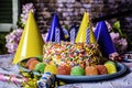 Gumdrops Birthday Cake and Party Favors Royalty Free Stock Photo