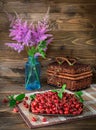 Gumi berries with flowers on a wooden table Royalty Free Stock Photo