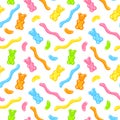Gummy bear, jelly worms and beans sweet candy seamless pattern with amazing flavor flat style design vector illustration Royalty Free Stock Photo