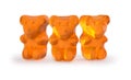 Gummy bears candy. Delicious, chewy jelly orange bears. Yummy gelatin candy. 3D rendering. Isolated on white.