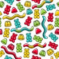 Gummy bears and jelly worms seamless pattern.