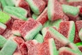 Gummy candies in the form of watermelons in sugar, macro shot. Royalty Free Stock Photo