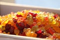 Gummy candies. Jelly candies. Gummy bears or worms. Mix of gummy candies. Jelly candies background. Jelly sweets texture