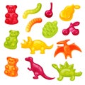 Gummy candy vector illustration set. Cartoon cute sweet jelly bear, marmalade worm, colorful sugar animal food icons