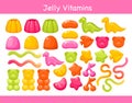 Gummy chewing vitamins jelly with fruit flavor set, colorful sweet bright gum vitamins