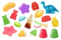 Gummy jelly candy set, 3d sweet characters, colorful bears and cola bottle, chewy worm Royalty Free Stock Photo