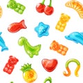 Gummy kids vitamins seamless pattern. Colorful repeated jelly candies, animals and fruit shapes, marmalade sugar sweets