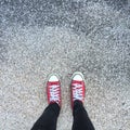 Shoes on road background. Image of legs on city street. Feet shoes walking in outdoor. Youth Selphie Modern hi Royalty Free Stock Photo