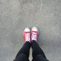 Selfie of feet on road background. Shoes walking. Royalty Free Stock Photo