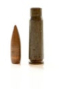 Gun cartridge with bullet and case on white background with reflexion Royalty Free Stock Photo