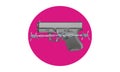 Gun Control - A Grey Metal Handgun on top of Pink Circle with Barbed Wire Across Royalty Free Stock Photo