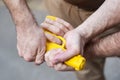 Gun Disarm. Self defense techniques against a gun point. Royalty Free Stock Photo