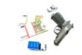 Gun, euros and police cars Royalty Free Stock Photo