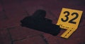 Gun, evidence and sign at crime scene in street with homicide, danger and investigation in closeup. Firearm, sidewalk Royalty Free Stock Photo