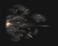 Gun flash. Realistic visual effect of firearm shot. Flying sparks and clouds of smoke on transparent background. Fire Royalty Free Stock Photo