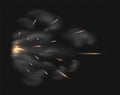 Gun flash. Realistic visual effect of firearm shot. Flying sparks and clouds of smoke on transparent background. Fire from burning Royalty Free Stock Photo
