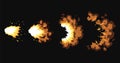 Gun flashes or gunshot animation. Collection of fire explosion effect during shot with gun. Cartoon flash effect of