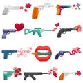 Gun flowers and love symbols vector illustrations, cartoon weapon, peace concept isolated icon lovely set on white