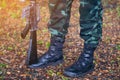 Gun on foot Army, Military Boots lines of commando soldiers in camouflage uniforms Thailand Royalty Free Stock Photo