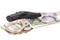 Gun, handcuffs and money Royalty Free Stock Photo