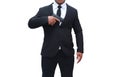 Gun man in black suit pulling pistol from gun cabinet on white background. Concept of assassination, murder, criminal,