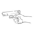 Gun pistol in hand, vector sketch illustration