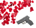 Gun between the rose petas Royalty Free Stock Photo
