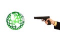 gun shooting a green globe