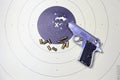 Gun and shooting target With Bullet Holes. Classic Paper Shooting Target