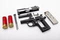 gun and shotgun bullets , Disassembled pocket handgun on white background Royalty Free Stock Photo