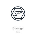 Gun sign icon. Thin linear gun sign outline icon isolated on white background from signs collection. Line vector sign, symbol for Royalty Free Stock Photo