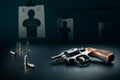 Gun sitting on a table at a shooting range / dramatic lighting Royalty Free Stock Photo