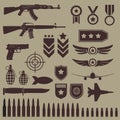 Gun, weapons and military icon set. Sub machine guns, pistol and bullets icons. Symbolics and badge for army. Vector illustration. Royalty Free Stock Photo