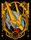 Gundam head transformer robot warrior head masker cyberpunk background for t-shirt poster sticker design
