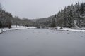 Gunderath, Germany - 01 05 2021: frozen Heilbachsee, long frozen lake