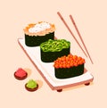 Gunkan-maki sushi. Asian food.