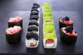 Gunkan and maki sushi set decorated with caviar Royalty Free Stock Photo