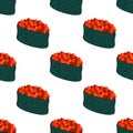 Gunkan seamless vector pattern. Traditional Japanese snack with red caviar, rice wrapped in nori seaweed. Tasty Asian seafood.