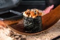 Gunkan Sushi Roll with Smoked Eel. Sushi menu. Royalty Free Stock Photo