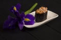 Gunkan sushi with salmon and Tobico caviar in nori seaweed on white plate with iris flower near Royalty Free Stock Photo