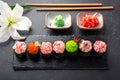 Gunkan sushi set with salmon, tuna, perch, eel, scallop, caviar, shrimp, sharp. Traditional Japanese cuisine. Royalty Free Stock Photo